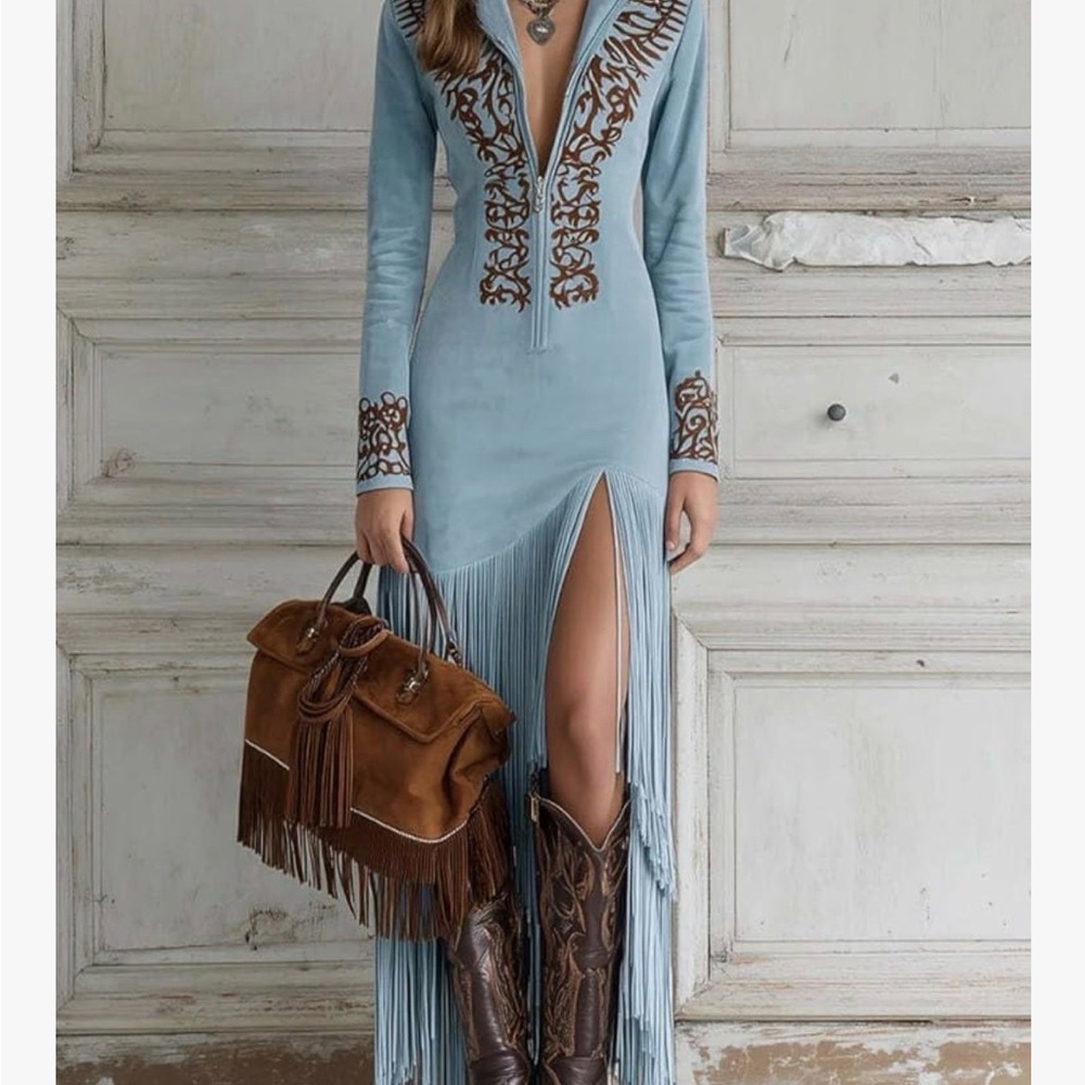 Elegant Blue Long Sleeve Dress with Brown Accents
